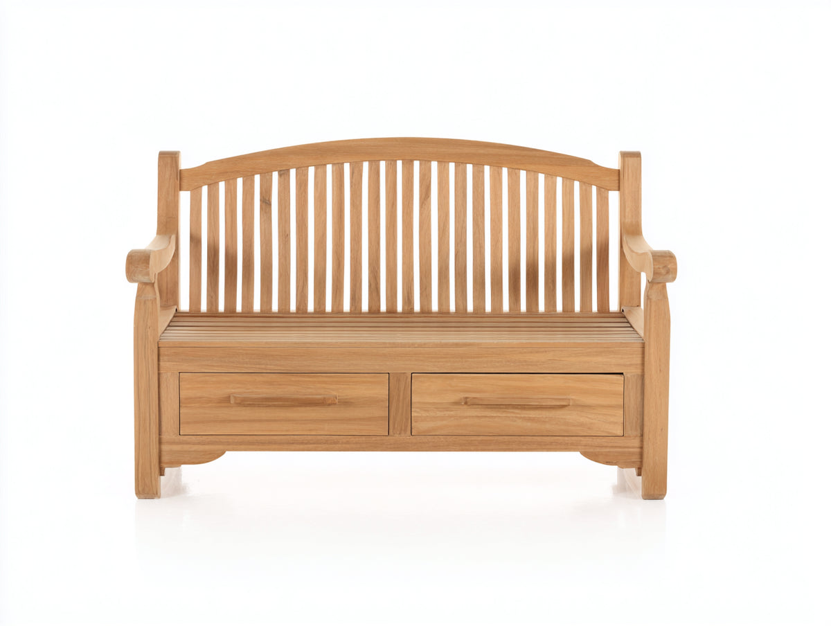 Bancos de jardín de madera 150 x 60 x 95 cm - madera natural - con respaldo y 2 cajones de almacenamiento