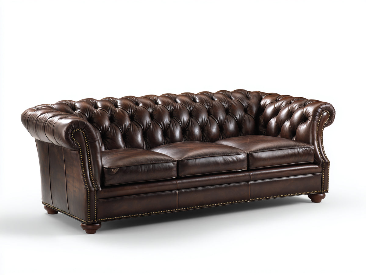 Sofá de 3 plazas de piel 225 x 95 x 82 cm - marrón oscuro - capitoné clásico con brazos enrollados