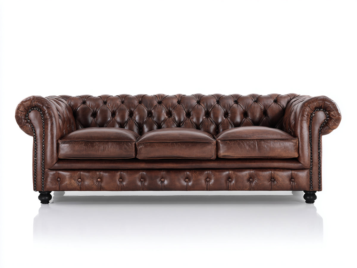 Sofá de 3 plazas tapizado 224 x 96 x 79 cm - marrón envejecido - diseño capitoné con reposabrazos enrollados