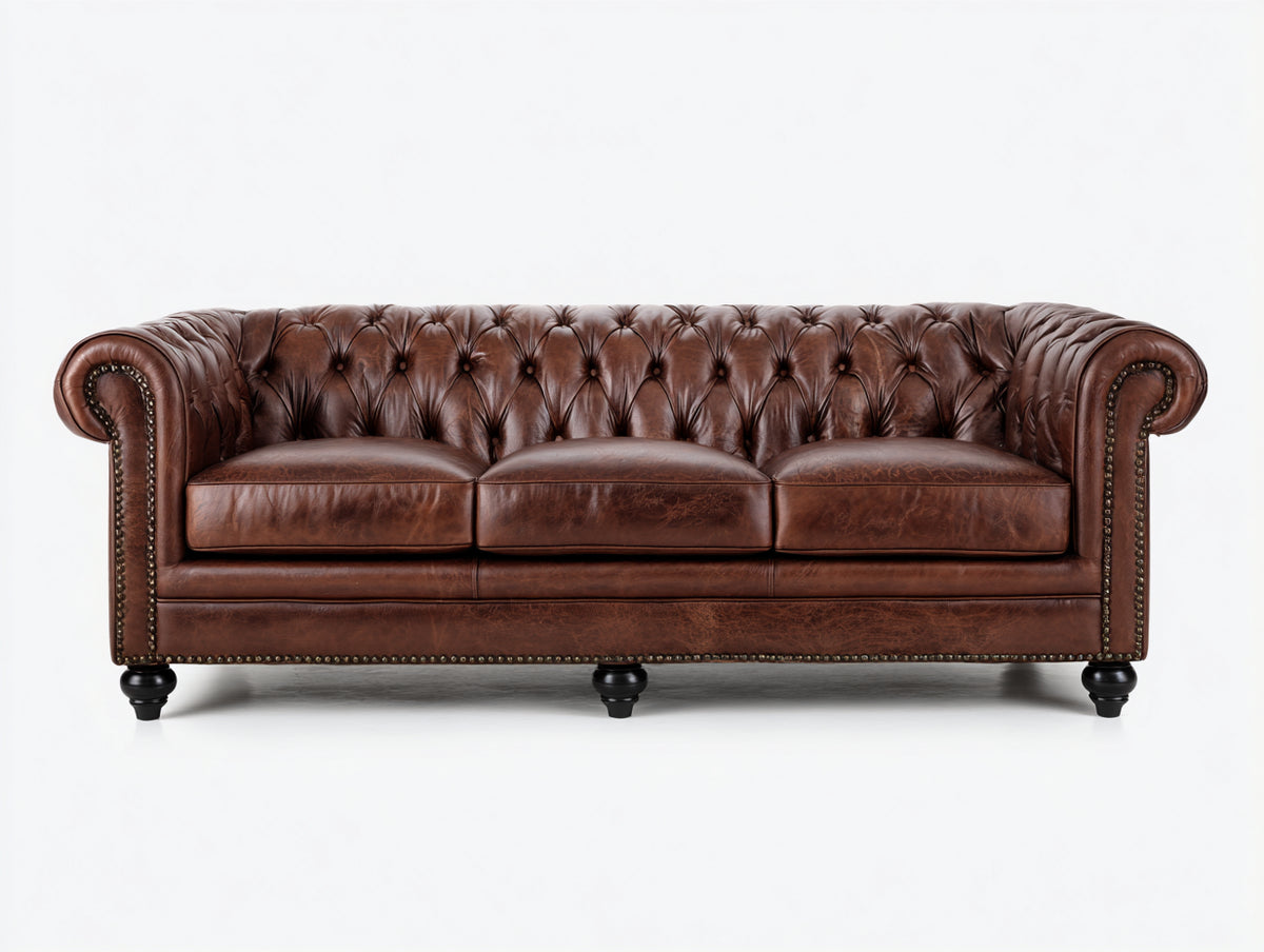 Sofá de 3 plazas tapizado 225 x 96 x 80 cm - Marrón cuero y negro - Diseño capitoné clásico con brazos enrollados