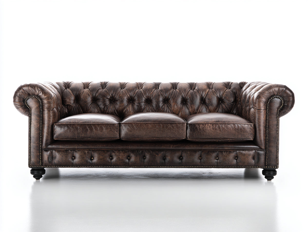 Sofá de 3 plazas tapizado efecto cuero 220x95x88 cm - Marrón oscuro - Diseño capitoné con reposabrazos enrollados