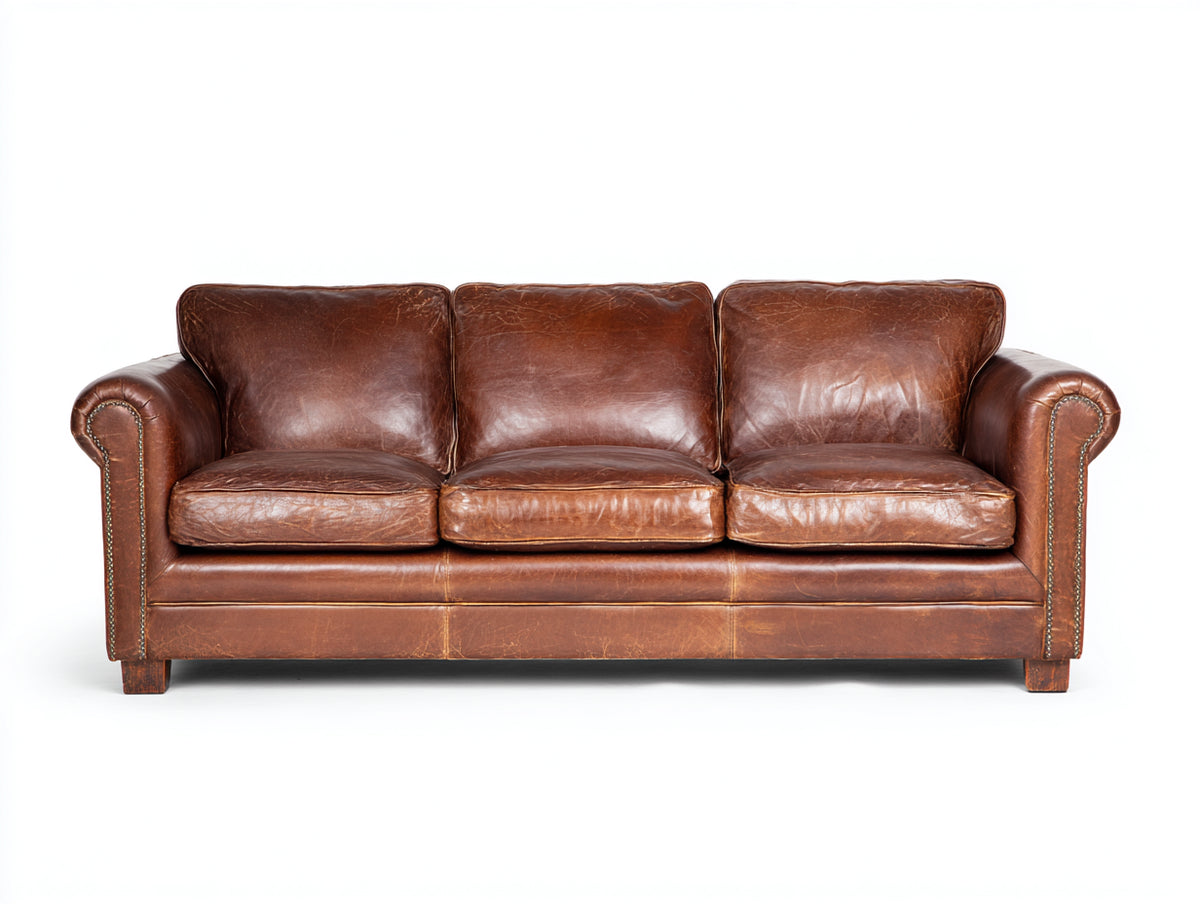 Sofá de 3 plazas tapizado efecto cuero 215x95x90 cm - Marrón - Acabado envejecido y reposabrazos enrollados