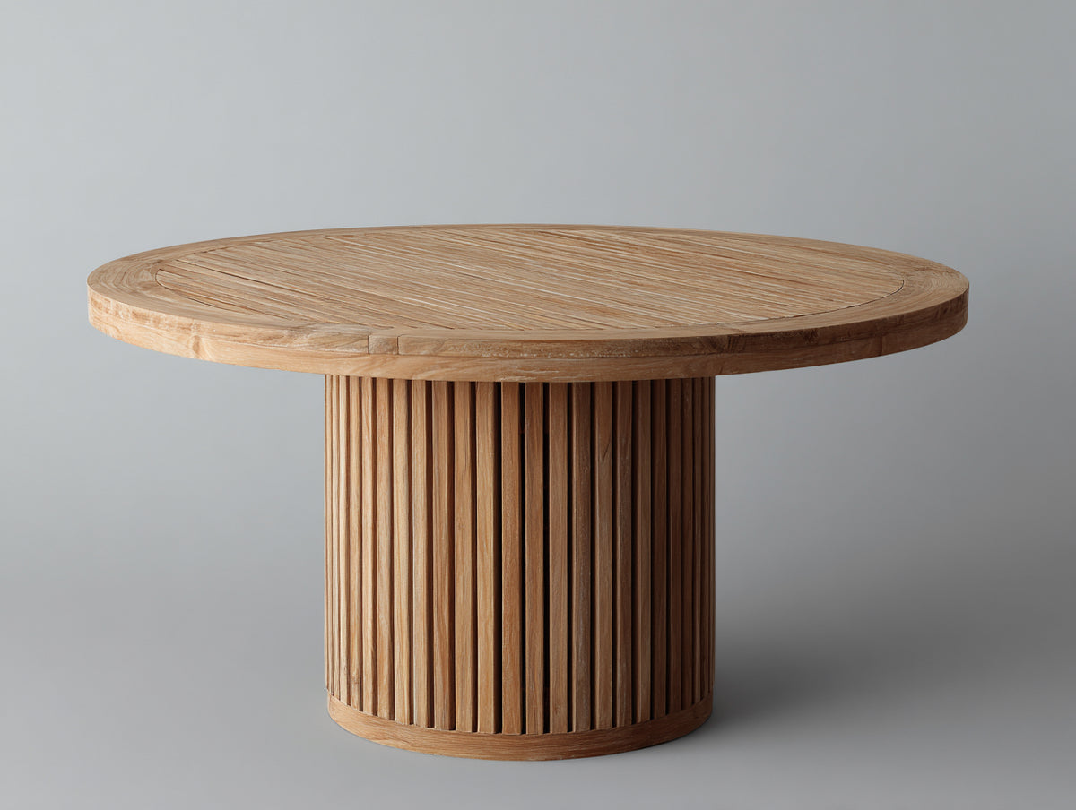 Mesas de jardín de madera 130 x 130 x 75 cm - Madera natural - Mesa redonda con tablero macizo y base cilíndrica de listones