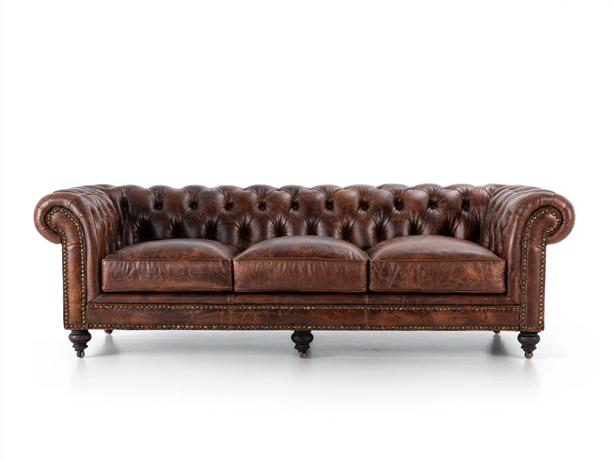 Sofá de 3 plazas de piel 230 x 96 x 80 cm - marrón envejecido - capitoné clásico con brazos enrollados