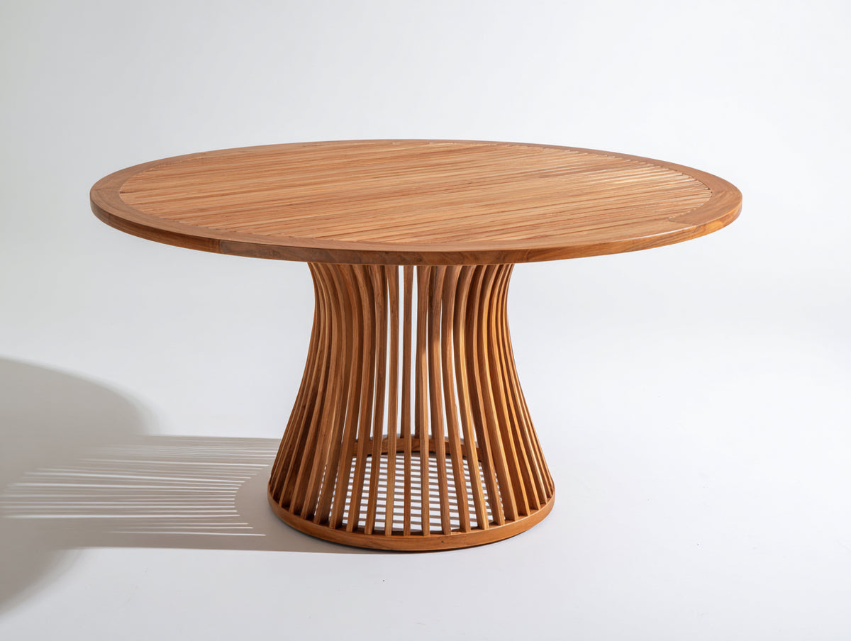 Mesas de jardín de madera 125 x 125 x 75 cm - madera natural - tablero redondo de listones con base central curvada