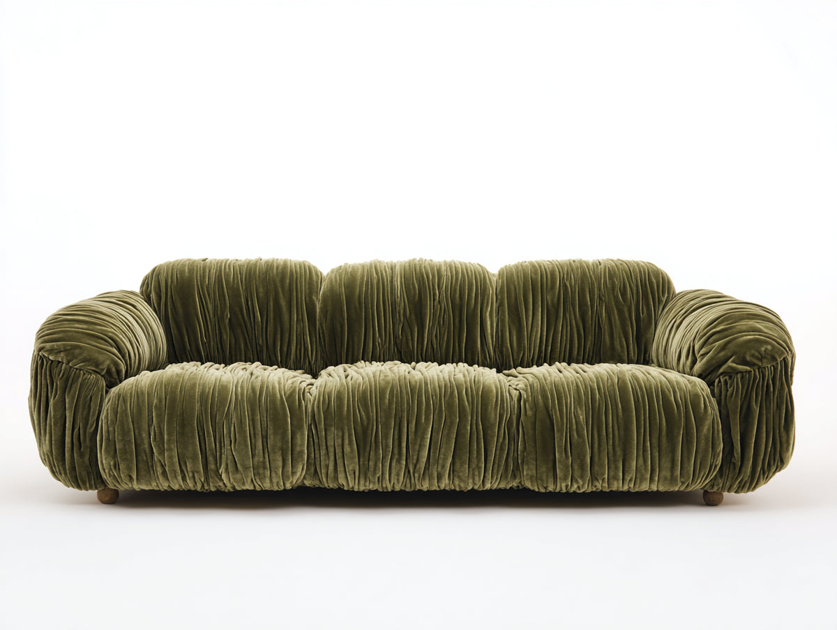 Sofá de 3 plazas tapizado en terciopelo 225x100x86 cm - Verde oliva - Diseño acolchado con textura fruncida