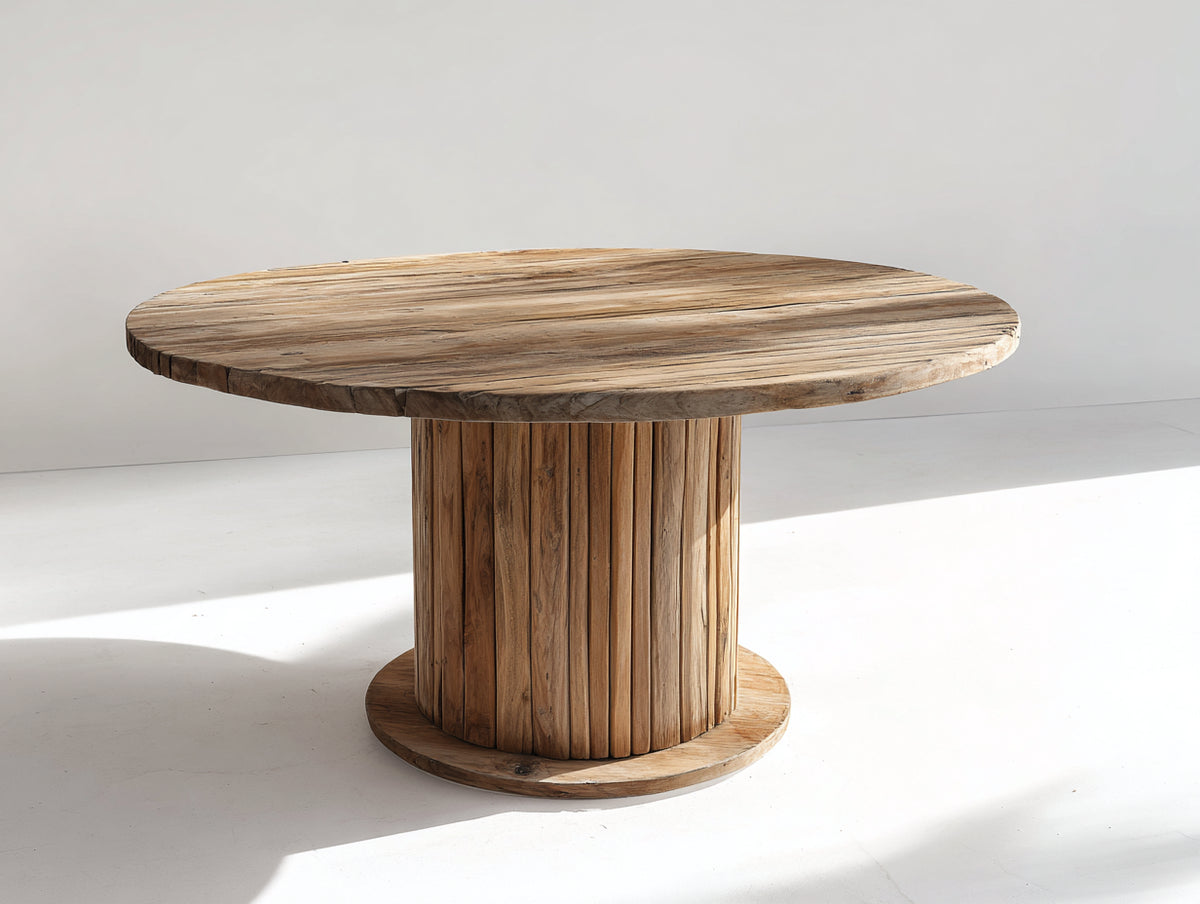 Mesas de jardín de madera 145 x 145 x 75 cm - madera natural - tablero redondo y base central cilíndrica