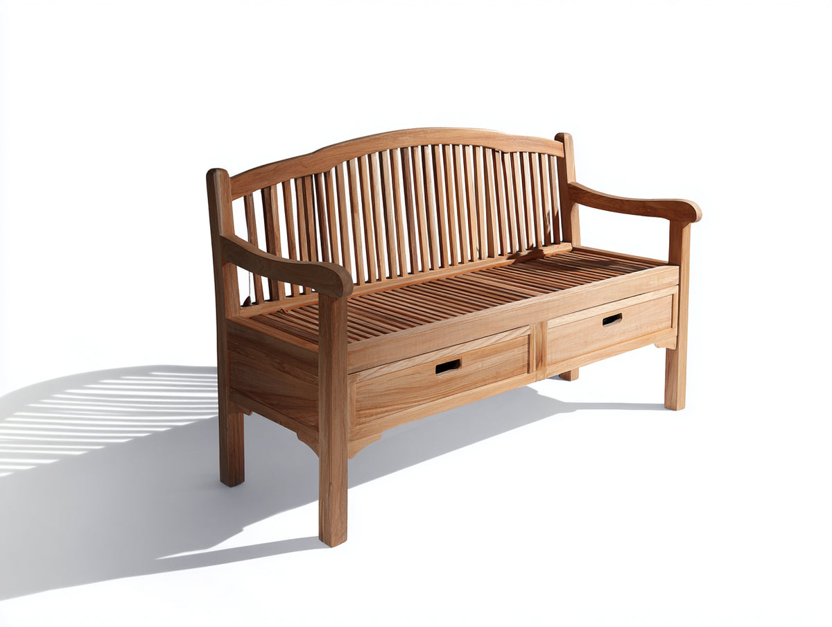 Bancos de jardín de madera 145 x 60 x 92 cm - Madera natural - Banco con respaldo de listones y 2 cajones inferiores