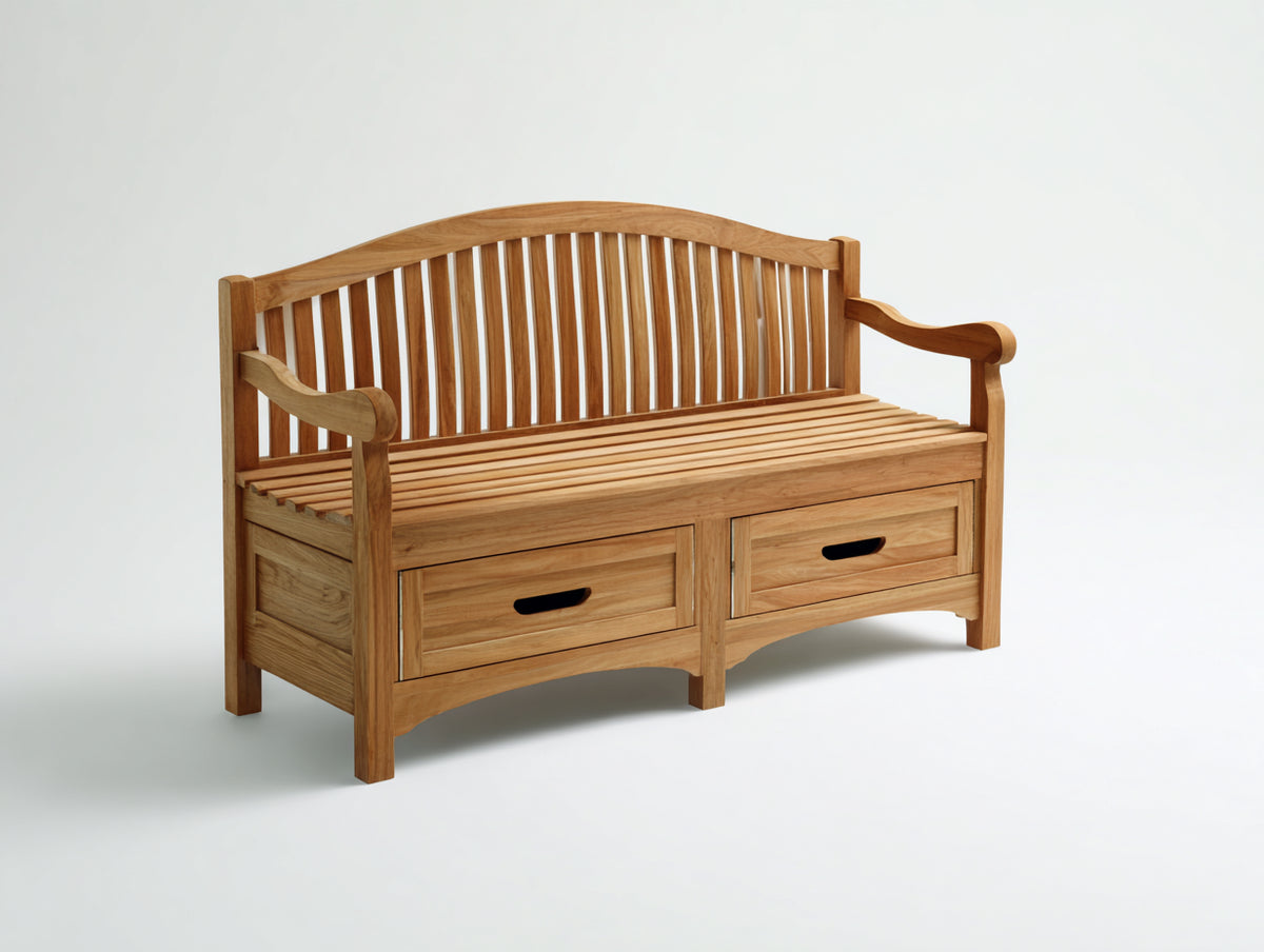 Bancos de jardín de madera 150 x 60 x 95 cm - madera natural - respaldo de listones con 2 cajones de almacenamiento
