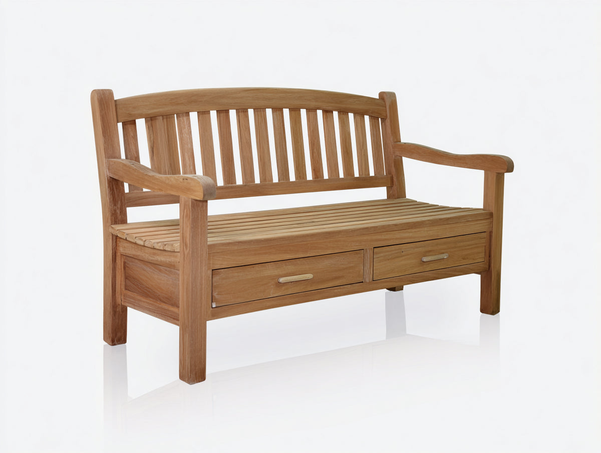 Bancos de jardín de madera 145x60x90 cm - Natural - Diseño con respaldo curvado y doble cajón de almacenamiento