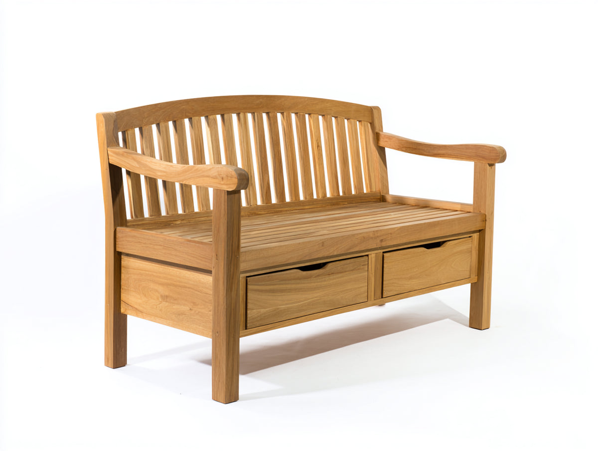 Bancos de jardín de madera 145 x 62 x 92 cm - madera natural - respaldo de listones con 2 cajones de almacenamiento