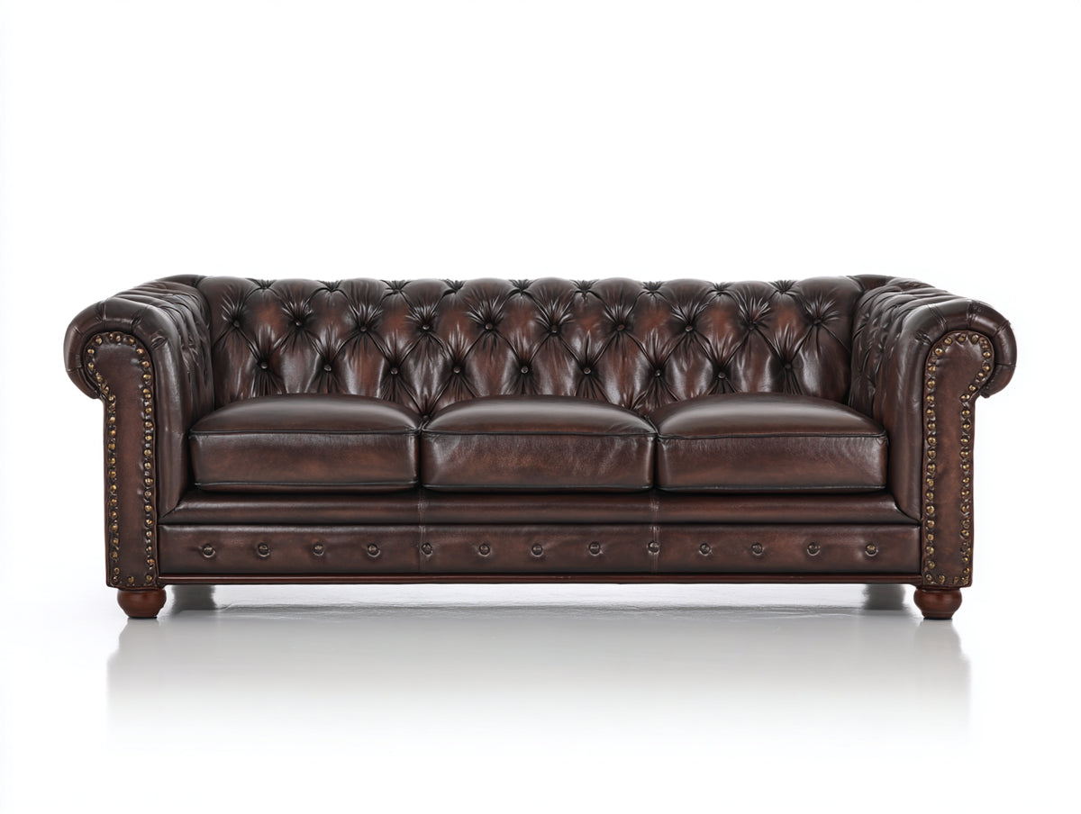 Sofá de 3 plazas tapizado 220 x 95 x 78 cm - Marrón oscuro - Diseño capitoné clásico con brazos enrollados