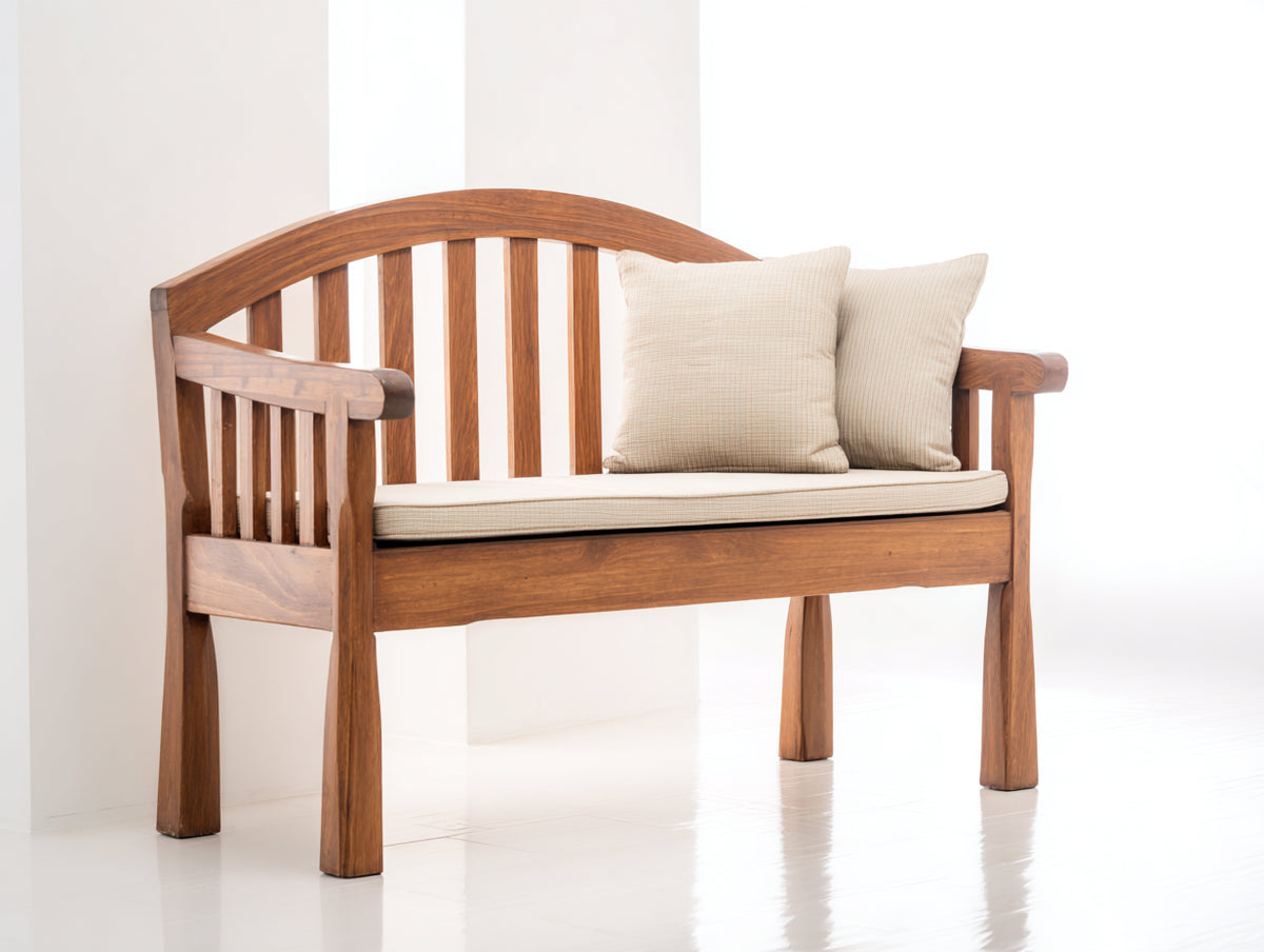 Bancos de jardín de madera 130x60x92 cm - Marrón y beige - Diseño con respaldo arqueado y asiento acolchado