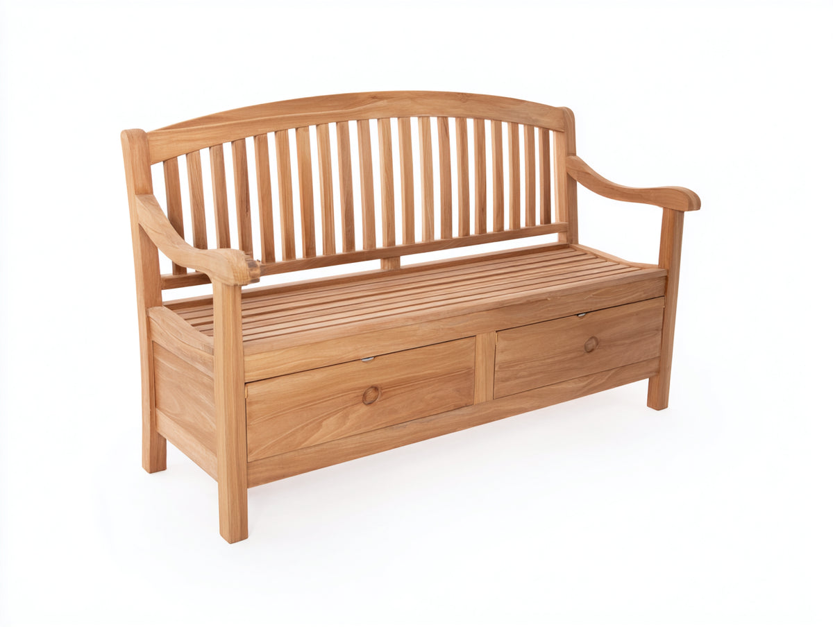 Bancos de jardín de madera 165 x 63 x 97 cm - madera natural - respaldo curvo y 2 cajones de almacenamiento