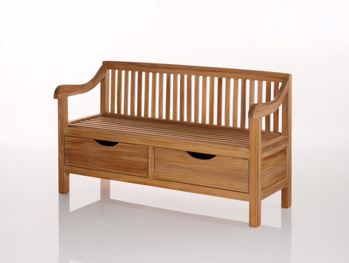 Bancos de jardín de madera 145x58x88 cm - Natural - Diseño con respaldo de listones y doble almacenamiento