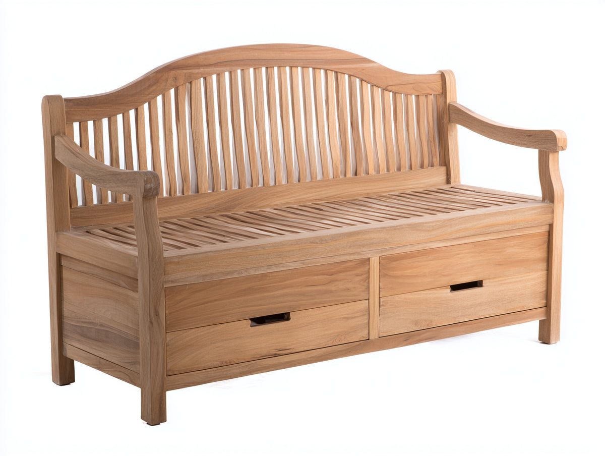 Bancos de jardín de madera 160 x 65 x 98 cm - madera natural - respaldo curvo y 2 cajones de almacenamiento