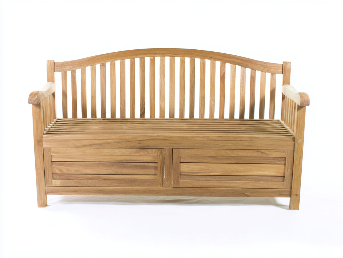 Bancos de jardín de madera 150 x 60 x 95 cm - Madera natural - Banco con respaldo alto y espacio de almacenamiento inferior