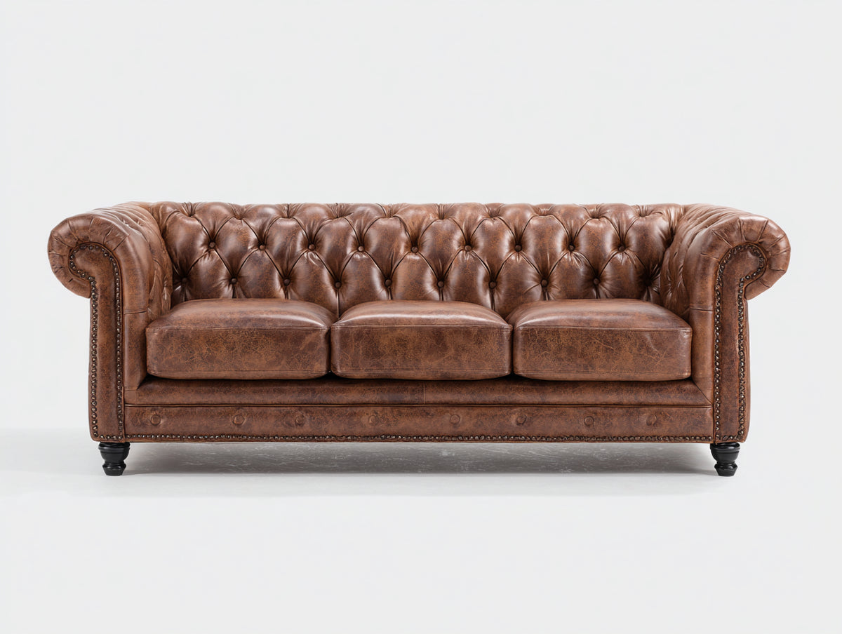 Sofá de 3 plazas tapizado en cuero sintético 220x92x82 cm - marrón envejecido - diseño Chesterfield capitoné