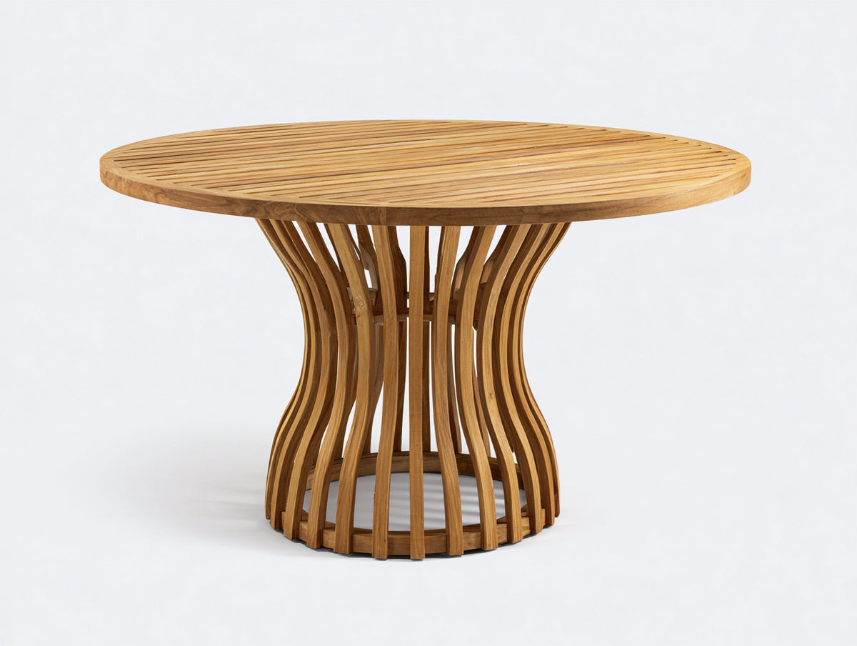 Mesas de jardín de madera 150 x 150 x 75 cm - madera natural - tablero redondo de listones y base central curva
